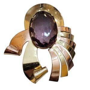 Vintage Faceted Unsigned Coro Pinky Gold & Gold Faceted Glass Dress Clip (A1051)